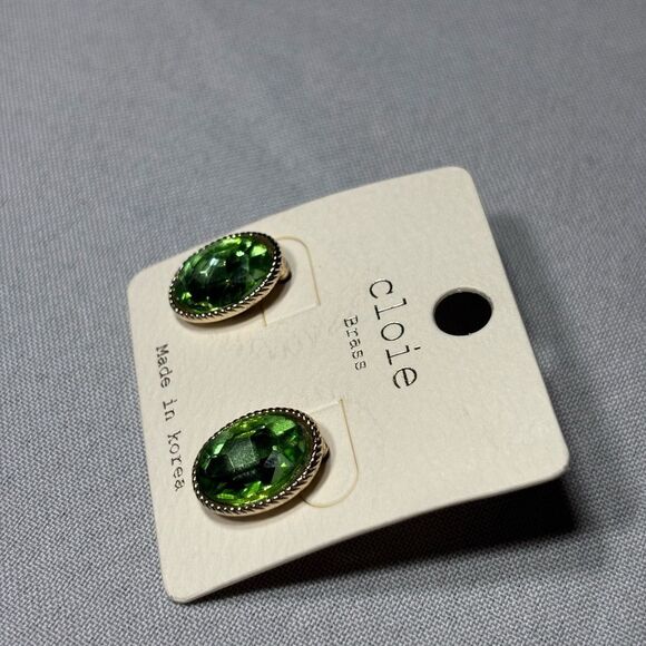 New! Cloie Brass Green Oval Gemstone Earrings - Picture 2 of 4